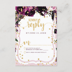 Chic Purple Floral & Gold Wedding Reply RSVP Card
