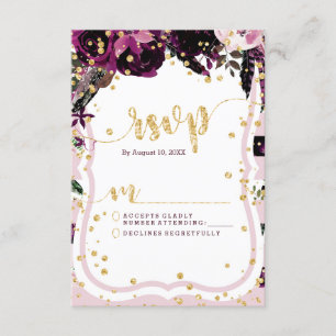 Chic Purple Floral & Gold Wedding RSVP Response