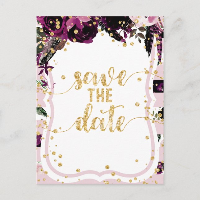 Chic Purple Floral & Gold Wedding Save the Date Announcement Postcard (Front)
