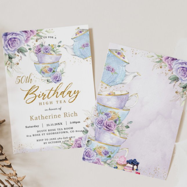 Chic Purple Floral High Tea 50th Birthday Party Invitation (Creator Uploaded)