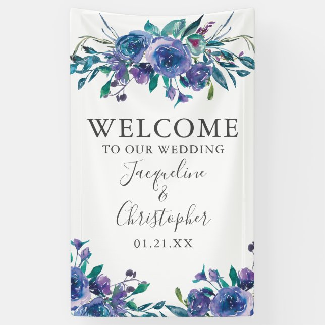 Chic Purple Floral Modern Welcome to Our Wedding Banner (Vertical)