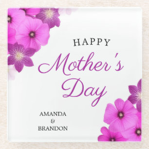 Chic Purple Floral Mother's Day Kids Names Glass Coaster