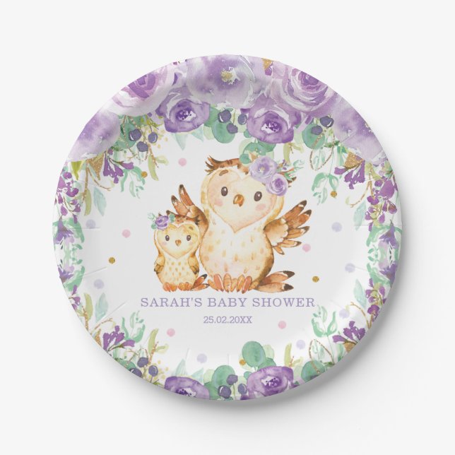 Chic Purple Floral Owl Baby Shower Girl Paper Plate (Front)