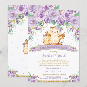 Chic Purple Floral Owl Virtual Baby Shower by Mail Invitation
