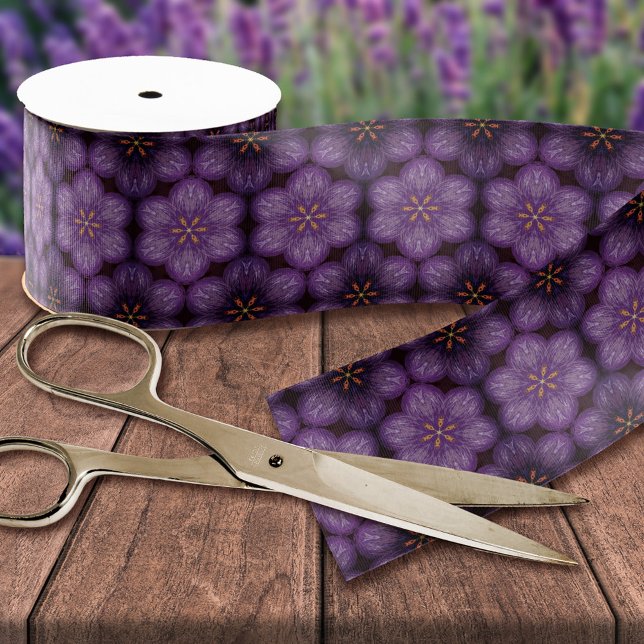 Chic Purple Floral Print Pattern Elegant Craft Sat Grosgrain Ribbon (Creator Uploaded)