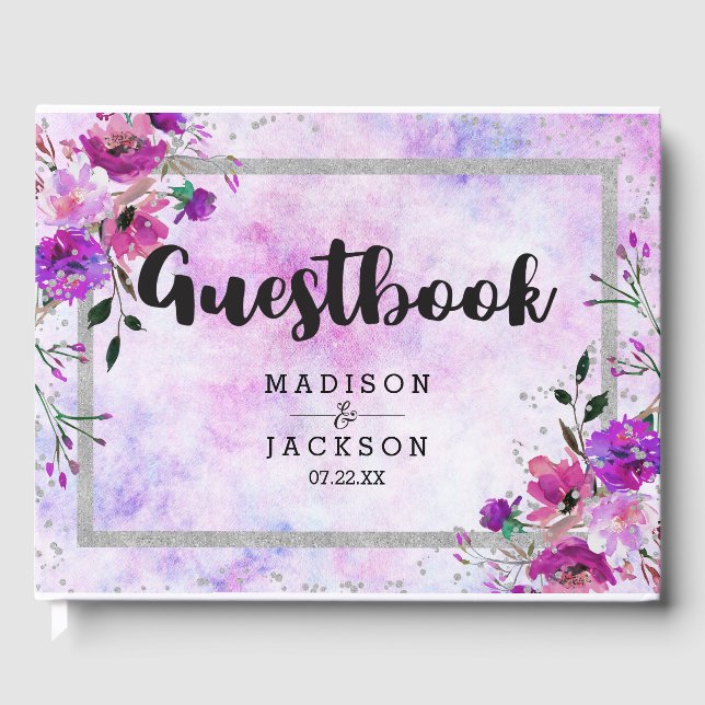 Chic Purple Floral & Silver Frame Wedding Monogram Guest Book (Front)