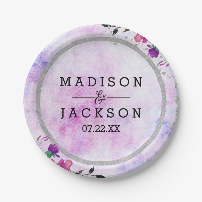 Chic Purple Floral & Silver Frame Wedding Monogram Paper Plate (Front)