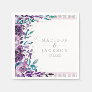Chic Purple Floral & Silver Monogram Wedding Napkin