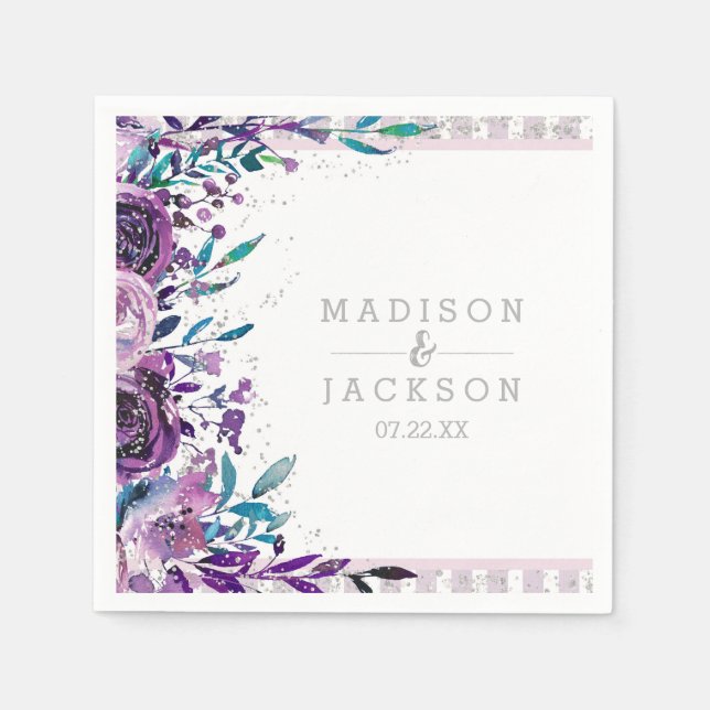 Chic Purple Floral & Silver Monogram Wedding Napkin (Front)