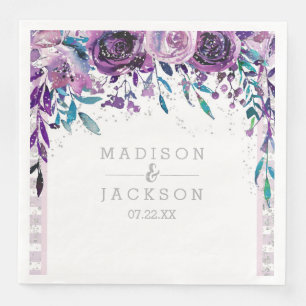 Chic Purple Floral & Silver Wedding Monogram Napkin