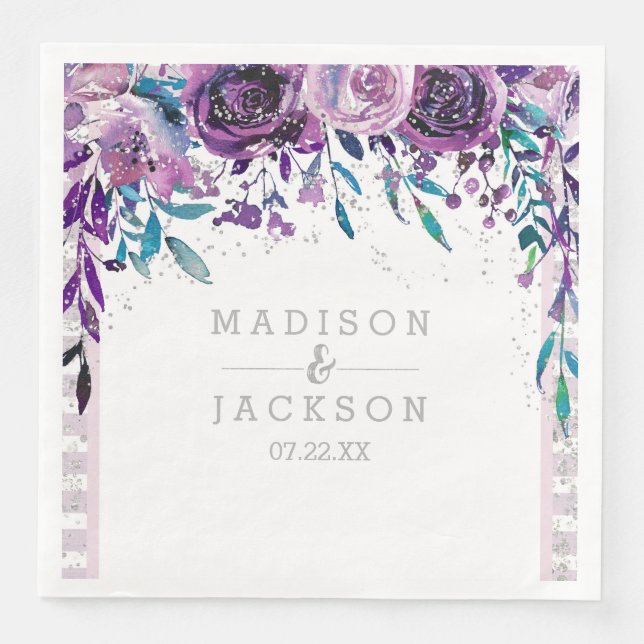Chic Purple Floral & Silver Wedding Monogram Napkin (Front)