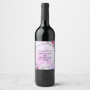 Chic Purple Floral & Silver Wedding Monogram Wine Label