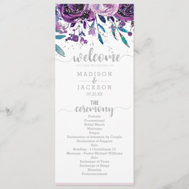Chic Purple Floral & Silver Wedding Program Programme (Front)