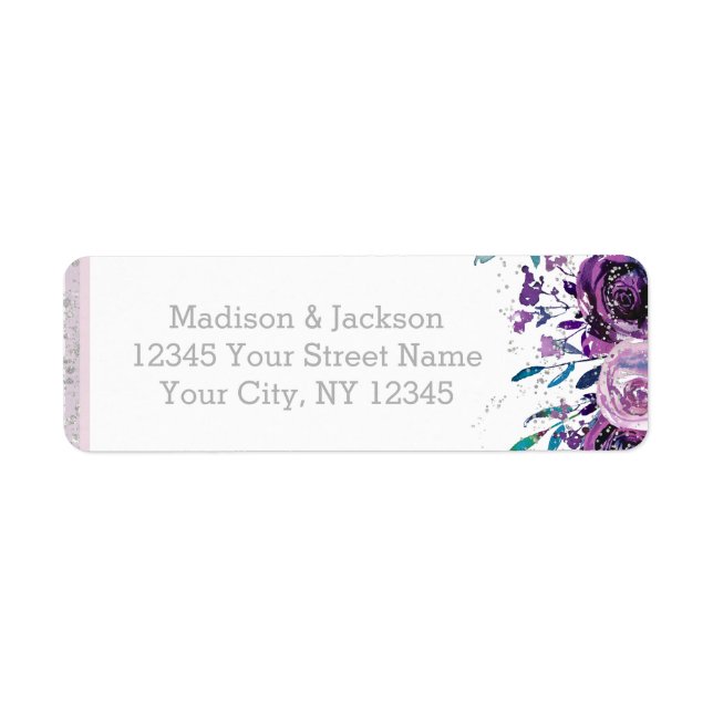 Chic Purple Floral & Silver Wedding Return Address (Front)