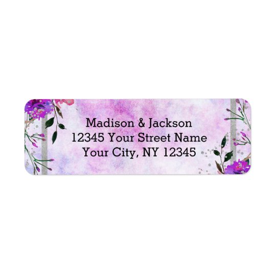Chic Purple Floral & Silver Wedding Return Address Return Address Label