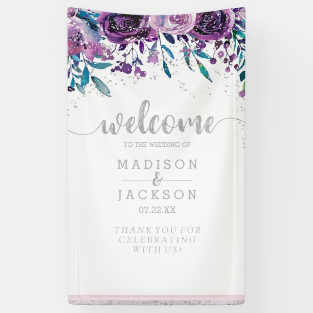 Chic Purple Floral & Silver Wedding Welcome Banner (Vertical)