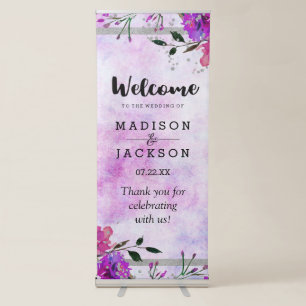 Chic Purple Floral & Silver Wedding Welcome Retractable Banner