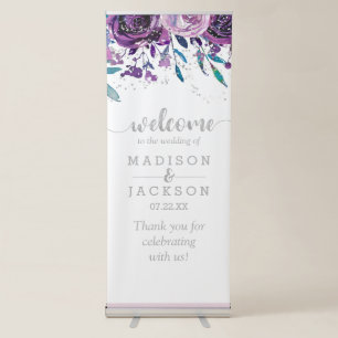 Chic Purple Floral & Silver Wedding Welcome Retractable Banner