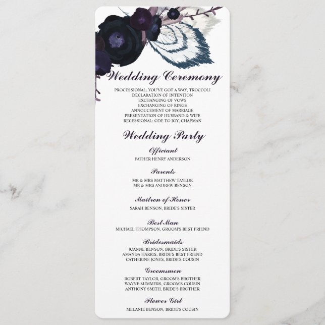 Chic Purple Floral Winter Wedding Program Card (Front)