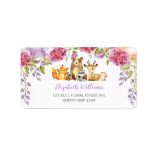 Chic Purple Floral Woodland Animals Return Address Label