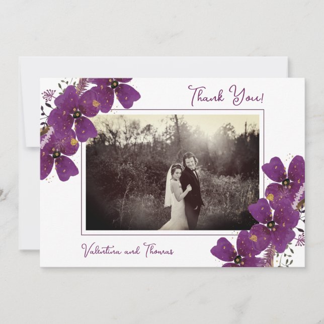 Chic Purple Flowers Wedding Photo Thank You Card (Front)