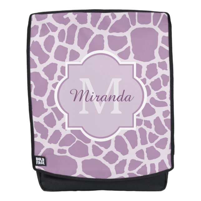 Chic Purple Giraffe Print With Monogram and Name Backpack (Front)