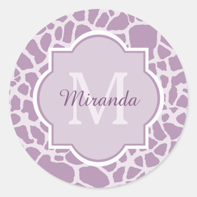 Chic Purple Giraffe Print With Monogram and Name Classic Round Sticker (Front)