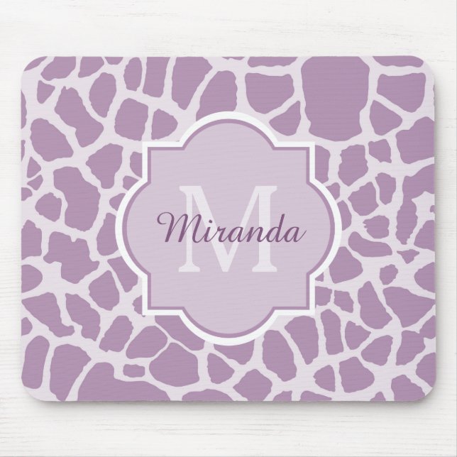 Chic Purple Giraffe Print With Monogram and Name Mouse Mat (Front)