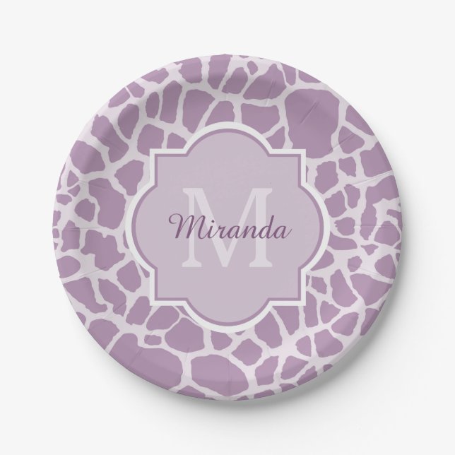 Chic Purple Giraffe Print With Monogram and Name Paper Plate (Front)