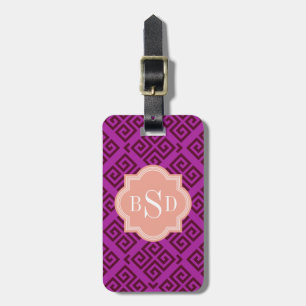 Chic purple girly greek key patterns monogram luggage tag