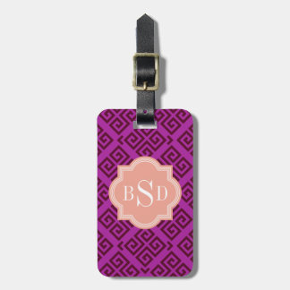 Chic purple girly greek key patterns monogram luggage tag