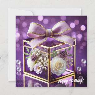 Chic purple glass floral gift gold chiffon bow holiday card