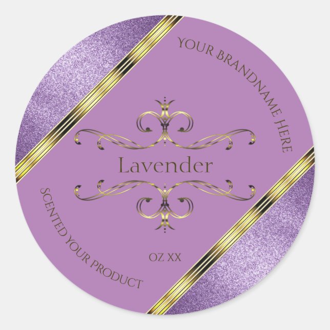 Chic Purple Glitter and Gold Ornate Product Labels (Front)