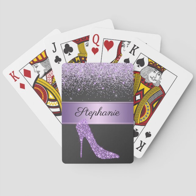 Chic Purple Glitter Diamond High Heel Shoe Name Playing Cards (Back)