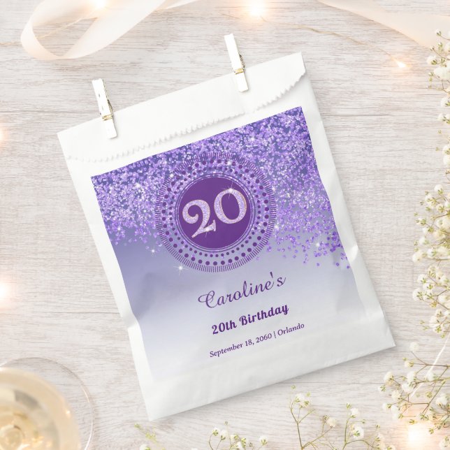 Chic Purple Glitter & Dotted Frame 20th Birthday Favour Bags (Clipped)