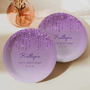 Chic Purple Glitter Drip 16th Birthday Party Paper Plate