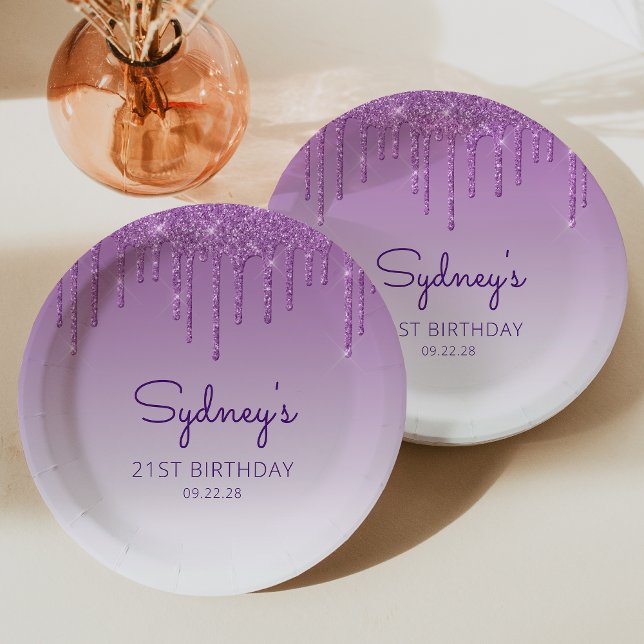 Chic Purple Glitter Drip 21st Birthday Party Paper Plate (Creator Uploaded)