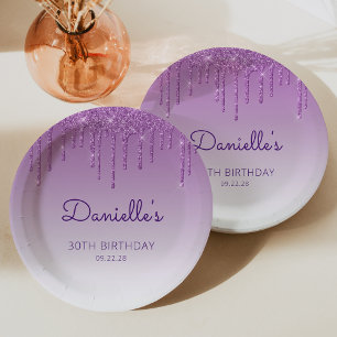 Chic Purple Glitter Drip 30th Birthday Party Paper Plate