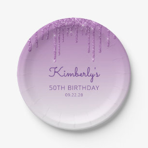 Chic Purple Glitter Drip 50th Birthday Party Paper Plate