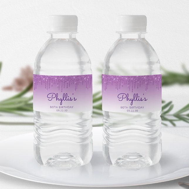 Chic Purple Glitter Drip 80th Birthday Party Water Bottle Label (Creator Uploaded)