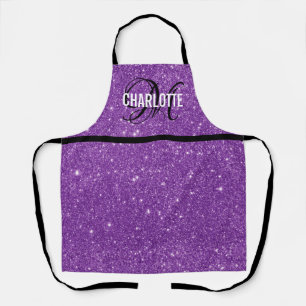 Chic purple glitter monogram name apron