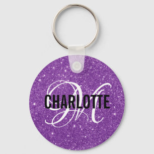 Chic purple glitter monogram name  keychain