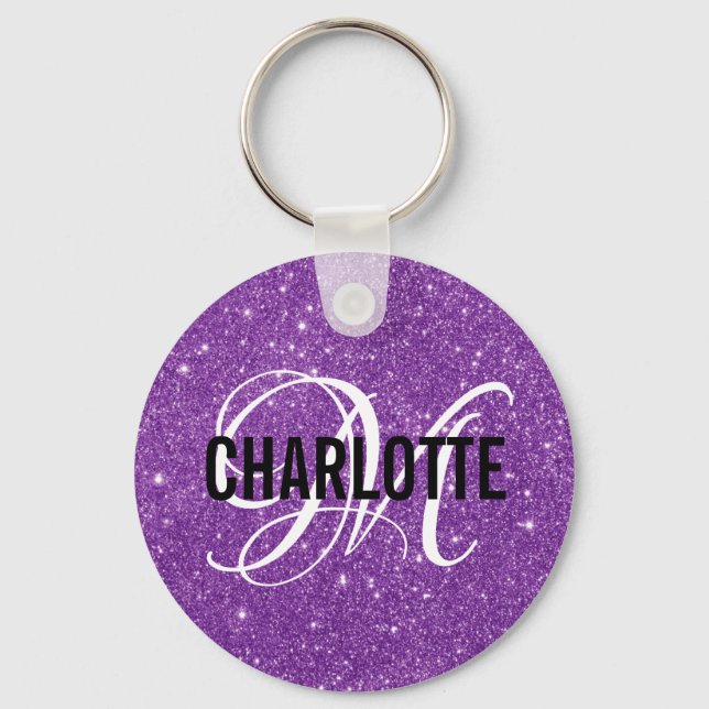 Chic purple glitter monogram name  keychain (Front)