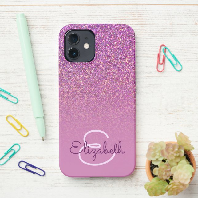 Chic Purple Glitter Ombre with Name & Monogram iPhone Case (On Desk)