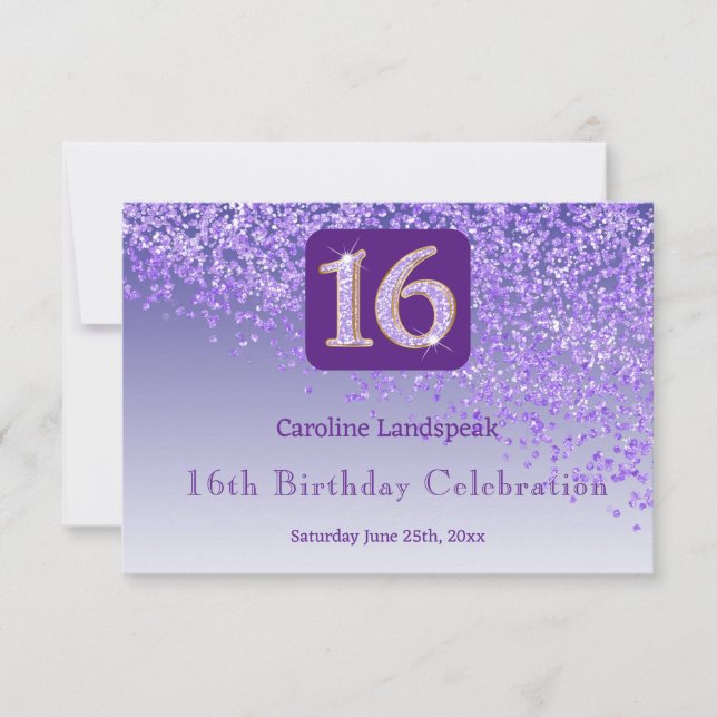 Chic Purple Glitter, Sixteen Birthday RSVP (Front)