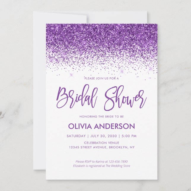 Chic Purple Glitter Sparkle Confetti Bridal Shower Invitation (Front)