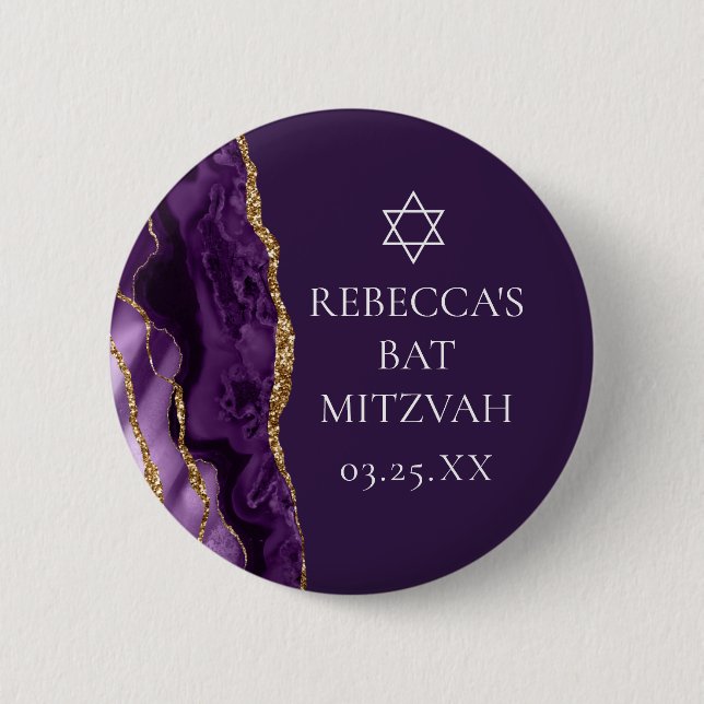 Chic Purple Gold Agate Bat Mitzvah Party Button (Front)