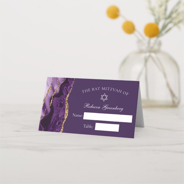 Chic Purple Gold Agate Bat Mitzvah Party Place Card (Front)