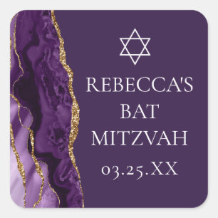 Chic Purple Gold Agate Bat Mitzvah Party Square Sticker