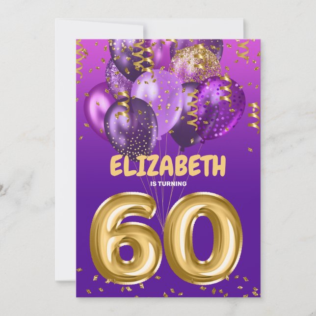 Chic Purple Gold Balloons 60th Birthday Invitation (Front)